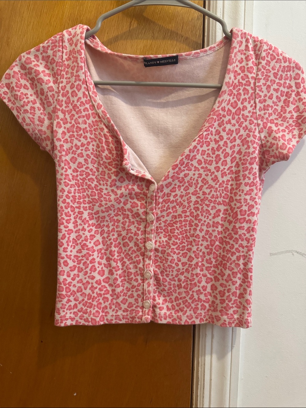 Brandy Melville Pink Leopard Button-Front Crop Tee